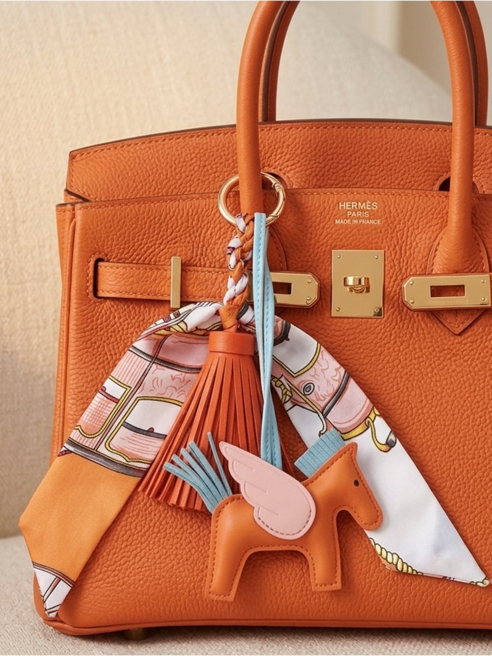 Luxury Pegasus Horse Leather Bag Charm with Twilly-Wrapped-Tassel - Orange